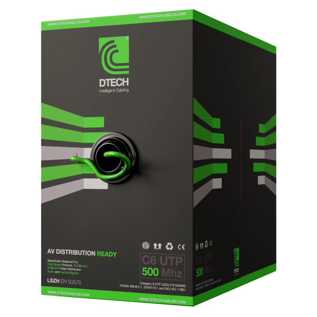 DTECH Cat 6 UTP LSZH HDBASET AV-Ready 305m in Green - DTE-C6-UTP-ZH-NGR