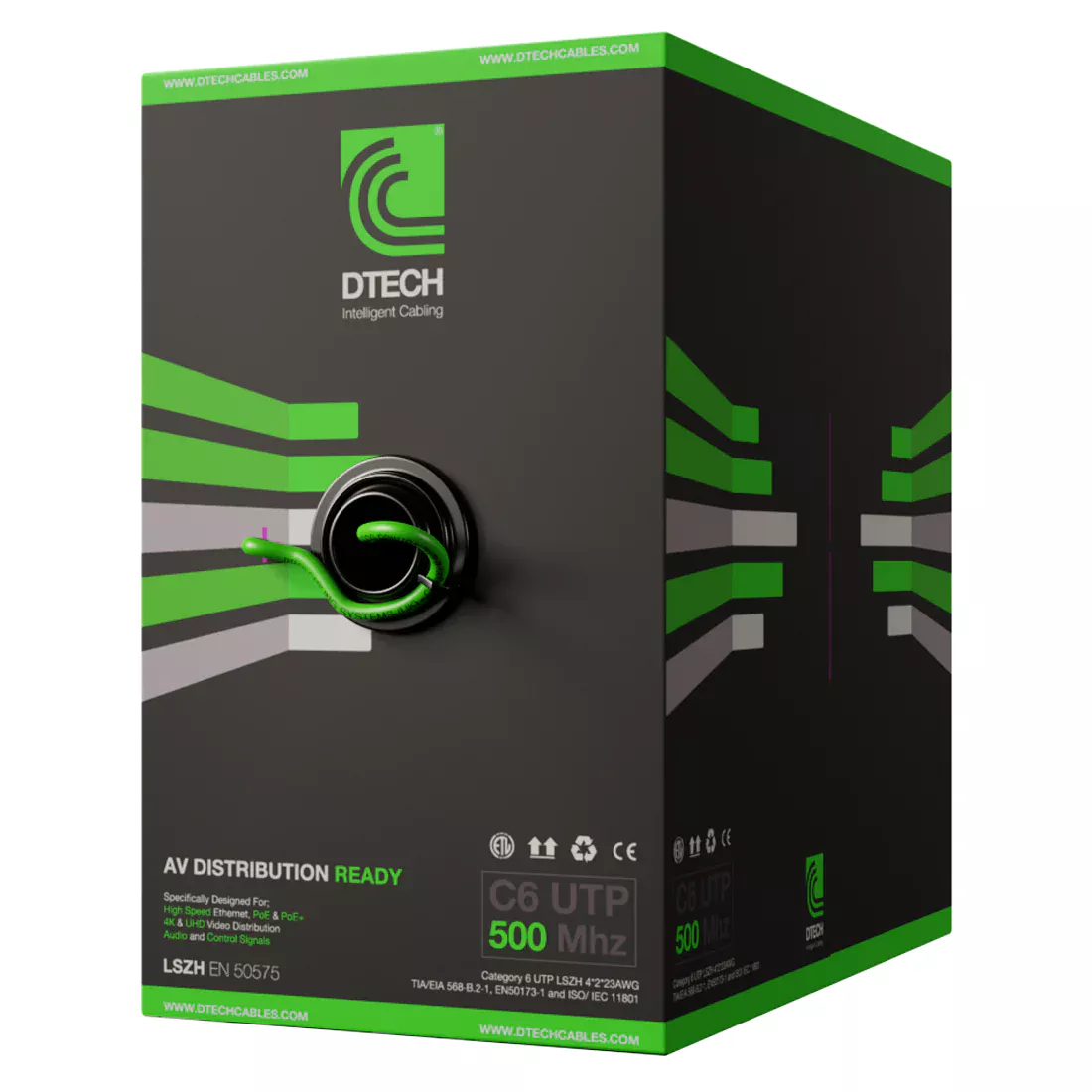 DTECH Cat 6 UTP LSZH HDBASET AV-Ready 305m in Green - DTE-C6-UTP-ZH-NGR
