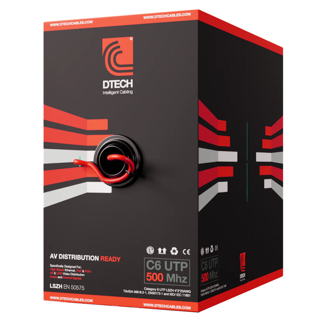 DTECH Cat 6 UTP LSZH HDBASET AV-Ready 305m in Red - DTE-C6-UTP-ZH-NRD