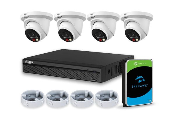 Dahua 4MP IP Bundle - 4 Channel NVR with 4x 4MP Wizsense Smart Dual Light Turret Cameras & Bases