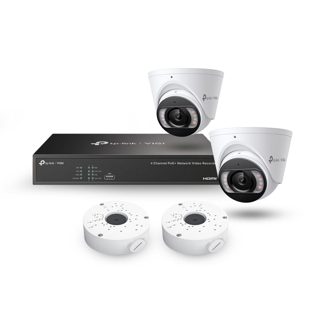TP-Link VIGI CCTV Kit Offer - 1x 4 Channel PoE NVR w/ 2TB Toshiba HDD, 2x 8MP Dual Illuminator Turret Cameras & Bases
