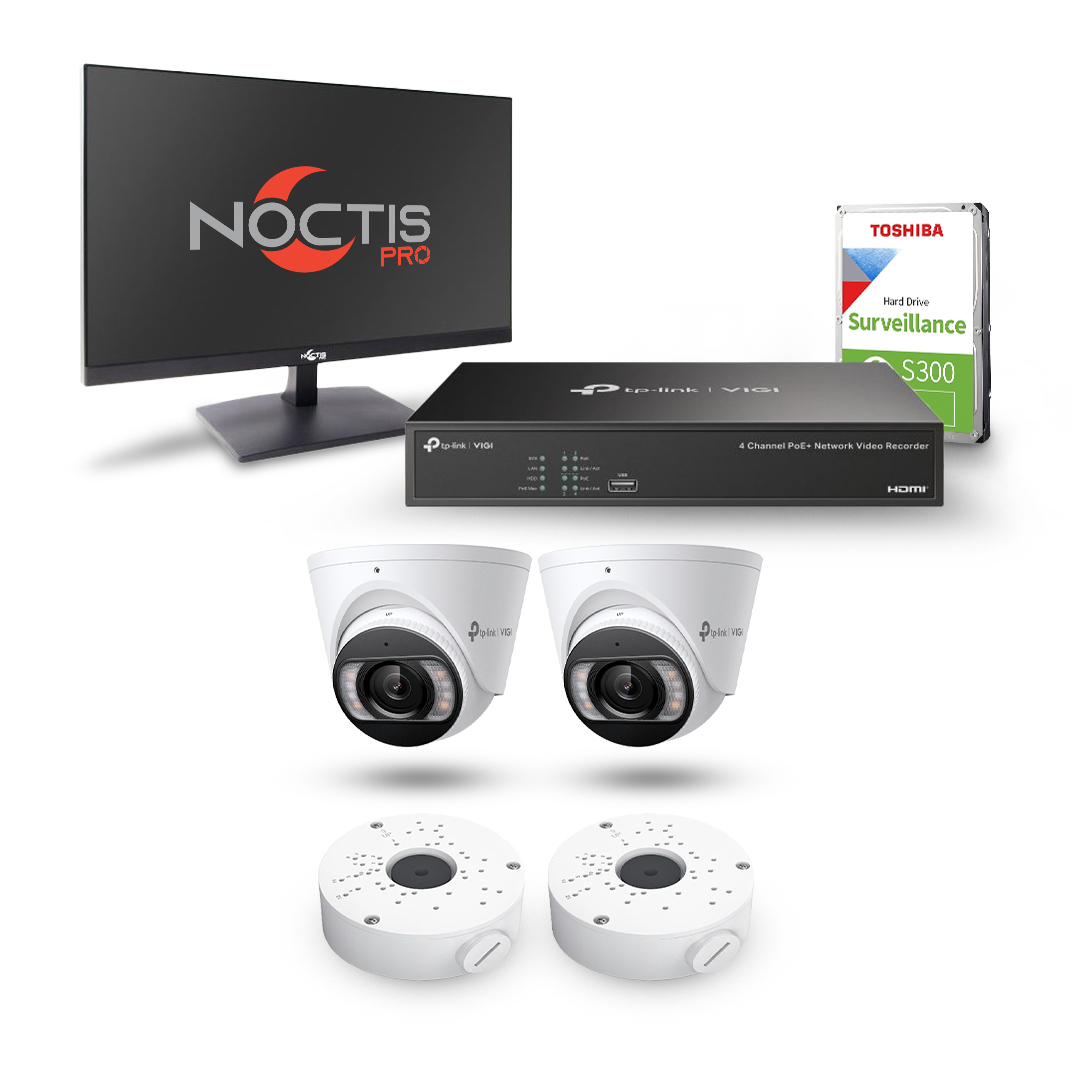TP-Link VIGI CCTV Bundle - 4 Channel PoE NVR w/ 2TB HDD, 2x 5MP Dual Illuminator Turret Cameras & Bases + 1080p Monitor